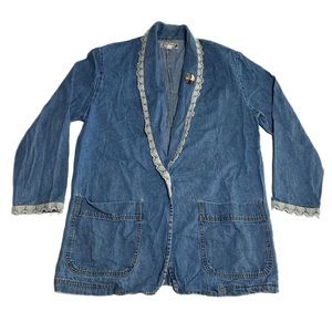 Vintage 90s Cherokee Women’s Denim Jean Jacket Chore Coat Medium Lace Prairie